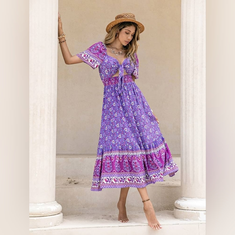 Rusttydustty Floral Purple Bohemian Maxi Dress NWT XL